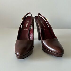 Prada Brown Leather Platform Slingback Heels